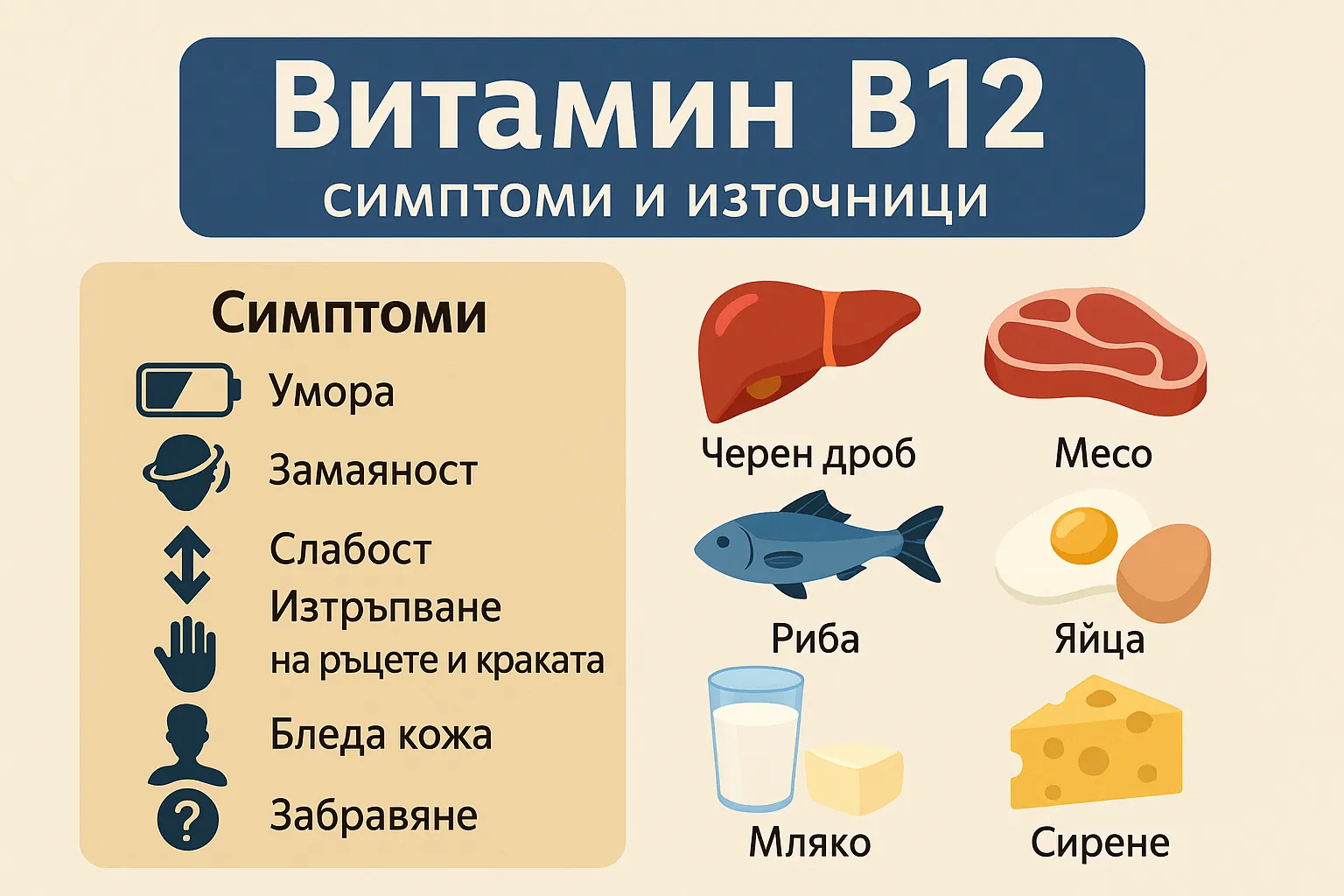 Витамин B12 – симптоми на дефицит и източници (инфографика)